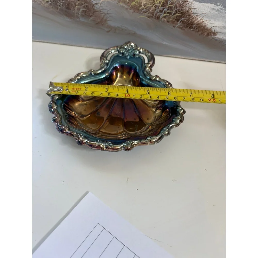 International Silverplate Shell Trinket Dish Iridescent Rainbow Tarnish Vintage